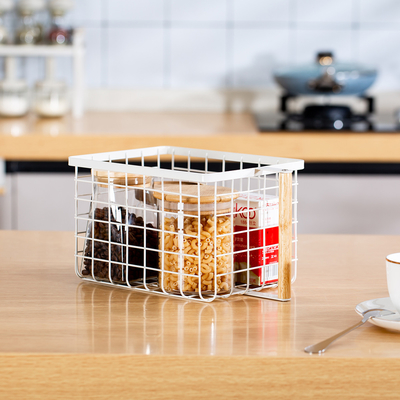 comprar Organizador de armario Organizador de cocina Organizador de cocina moderno Decorativo para el hogar Blanco Organizador de mesa de metal Mango de madera Mango de hierro Cesta de almacenamiento Fabricación en línea