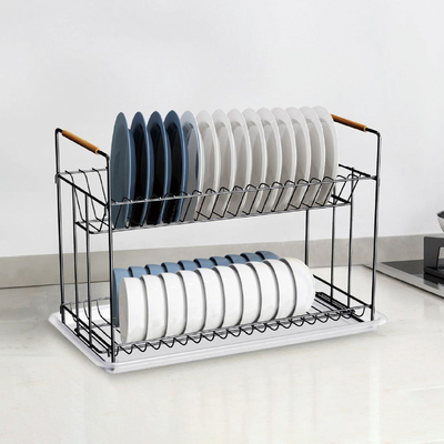 comprar 2 niveles de metal de la cocina de los platos de secado del bastidor de hierro de los platos de drenaje del organizador del bastidor Fabricación en línea