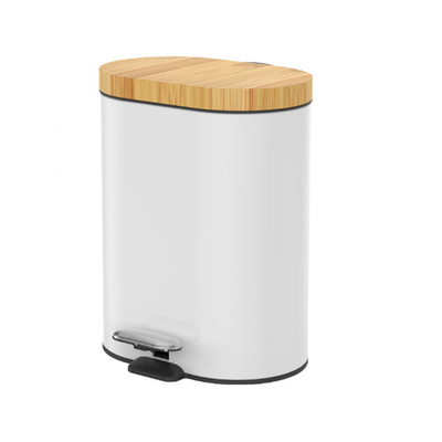 Casa 6L tapa de bambú Pedal de pie lata de basura forma ovalada Tipo de cubierta de rodadura