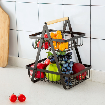 Cuadro de madera de mano de hierro de 2 niveles de alambre de la cesta de frutas para la organización de la cocina