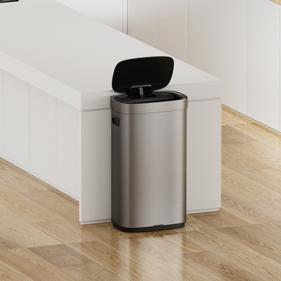 Contenedor de basura inteligente de acero inoxidable de 80L para el hogar con sensor sin contacto y tipo de cubierta rodante