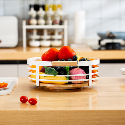 Organizador de cocina moderno 360 giratorio Blanco para el hogar Organizador de mesa de metal de mano de madera Cesto de almacenamiento de alambre de hierro