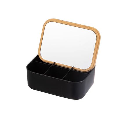 Espejo de bambú ajustable de brillo con caja de almacenamiento de joyas