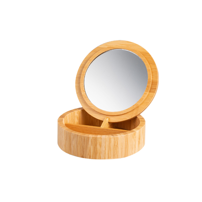Espejo de maquillaje de control táctil inteligente con caja de almacenamiento de joyas de bambú