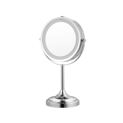 Espejo de maquillaje de metal redondo con luces de led y soporte de forma de torre